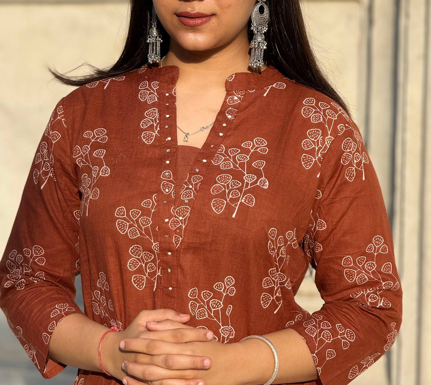 Tan-Brown printed 3 piece kurta set