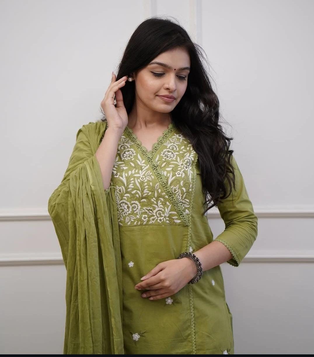 Olive Green Embroidered Kurta Set