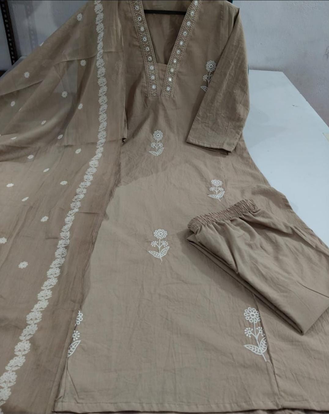 Cotton Beige Discharge Print Kurta 3pc set