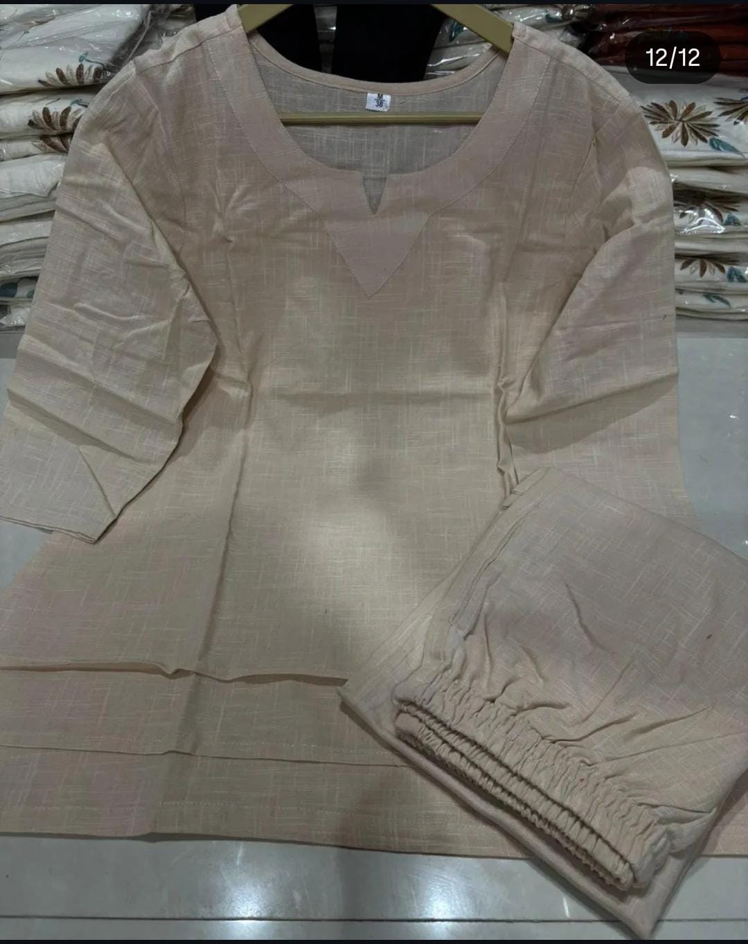 Pure Cotton Round Neck Tunic & Trousers Co-Ord Set- Beige