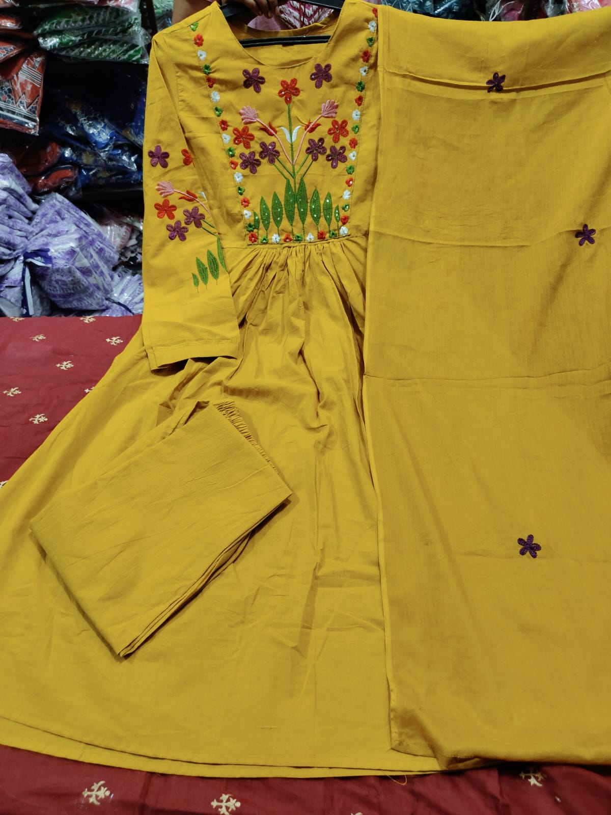 Yellow Embroidered Cotton Anarkali 3pc Set