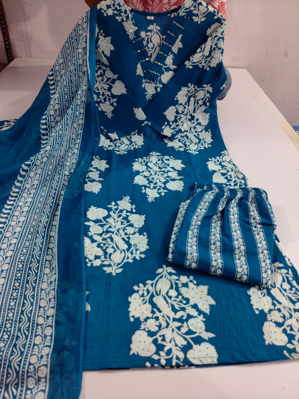 Women Sequence Cotton Blue 3pc Kurta Set