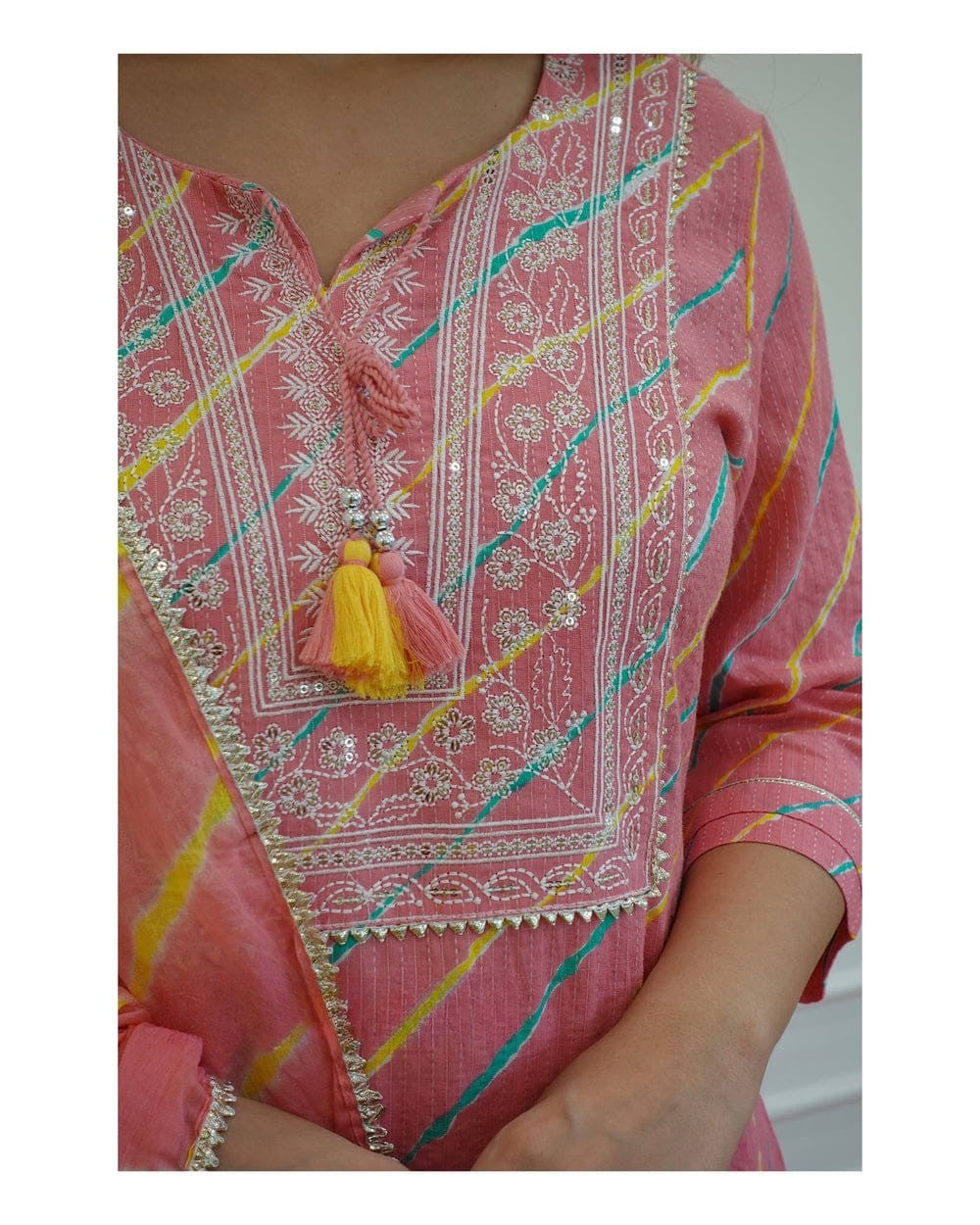 Blush Pink Leheriya Rayon Kurta Set With Dupatta