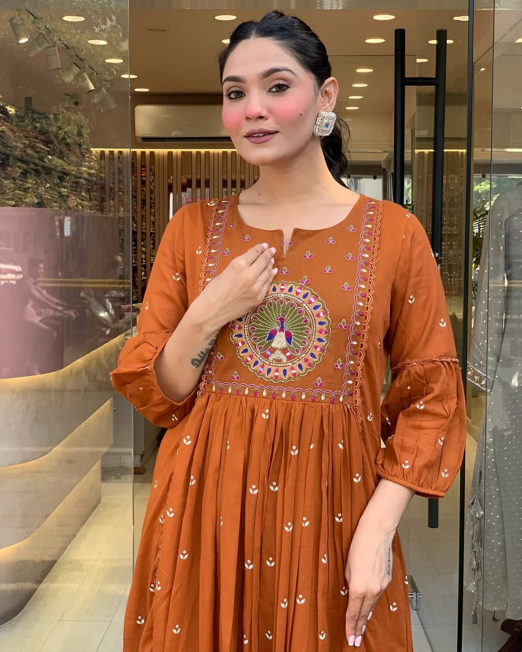 Rust Orange Peacock Embroidered Anarkali Set