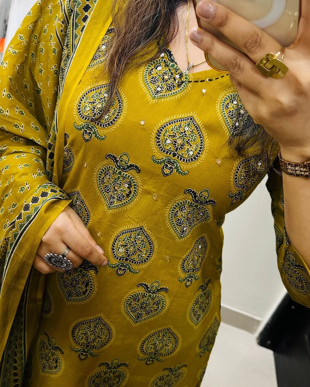 Mustard Cotton Embroidered Wine Straight Kurta 3pc Set