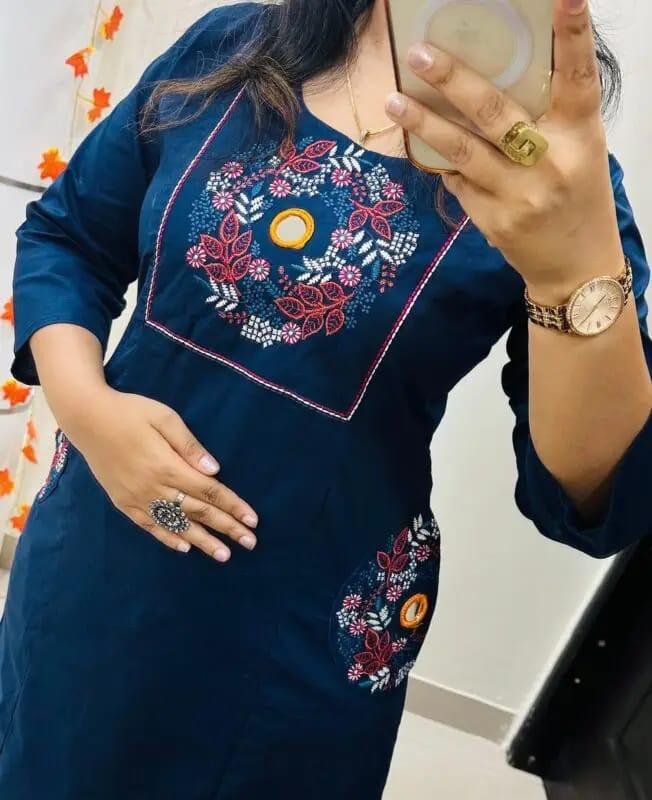 Women’s Navy Blue Cotton Embroidered Straight Kurta Pant Set