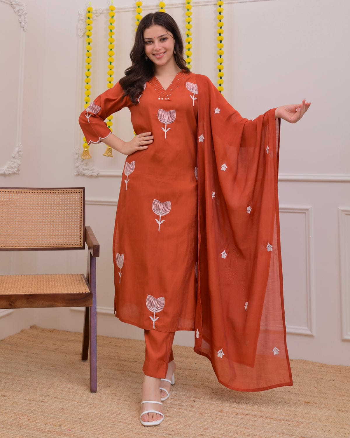 Orange bloom thread embroidered 3pc kurta set