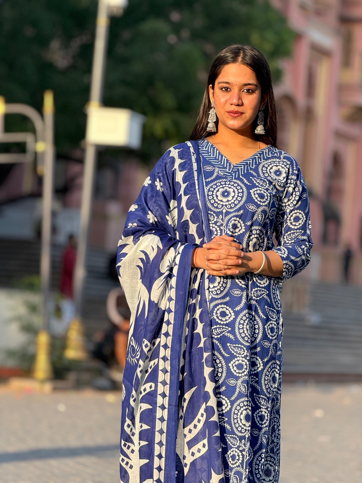 Royal blue A-line printed 3piece kurta set