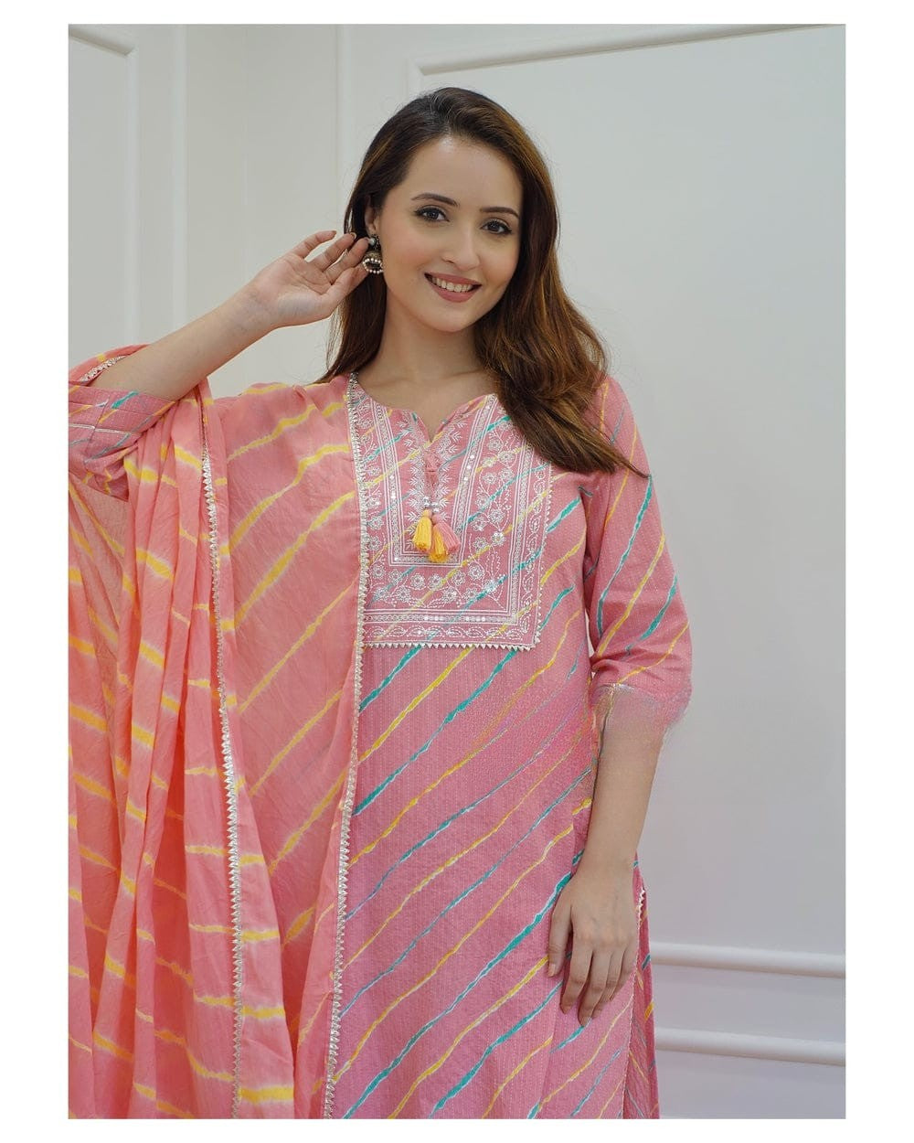 Blush Pink Leheriya Rayon Kurta Set With Dupatta