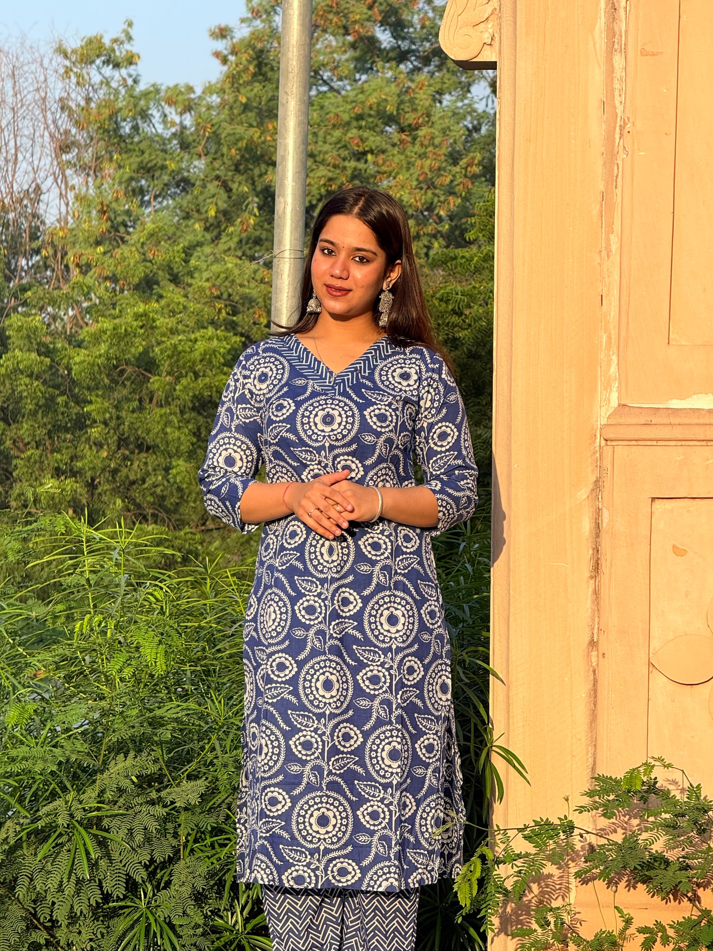Royal blue A-line printed 3piece kurta set