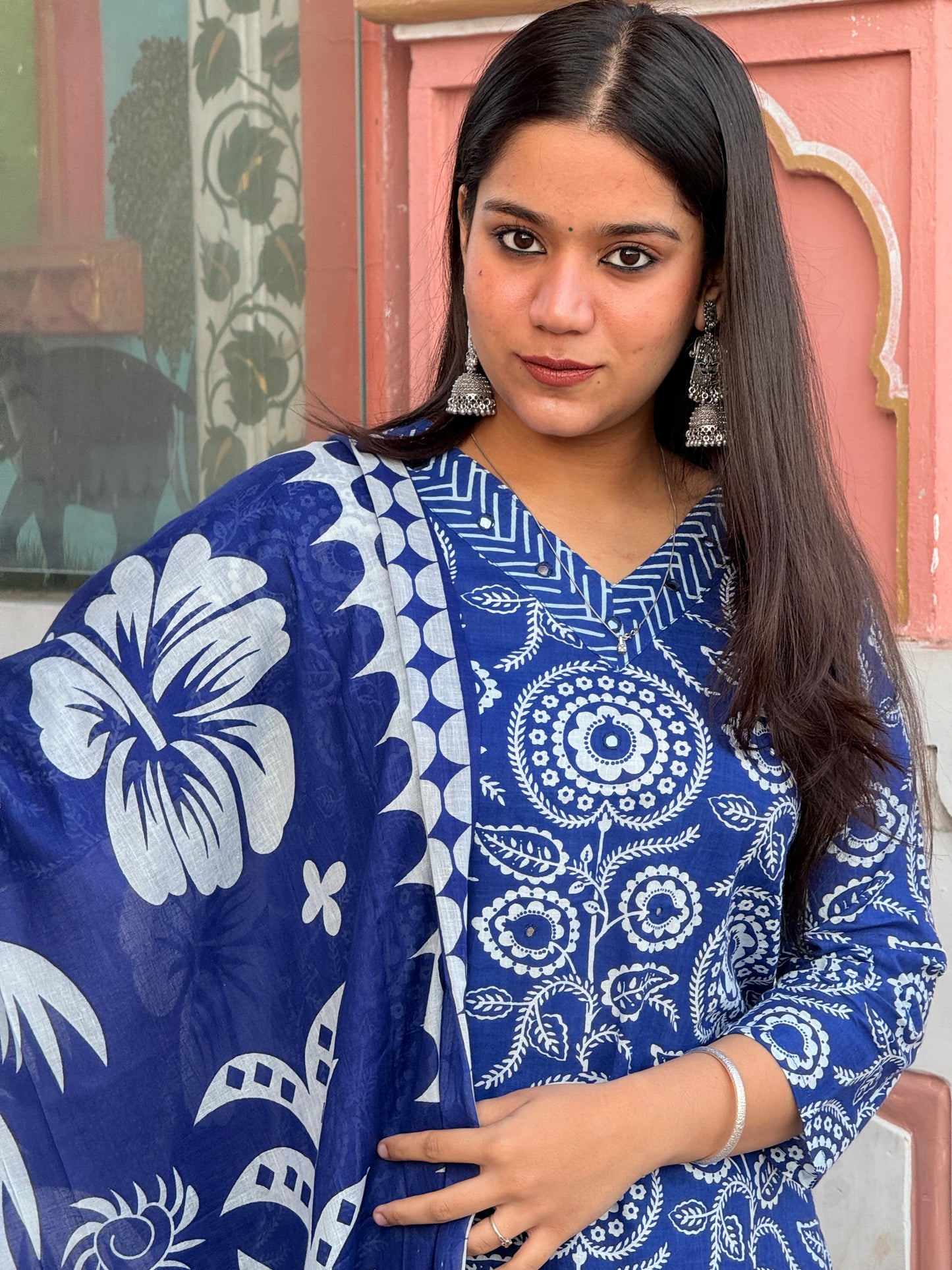 Royal blue A-line printed 3piece kurta set