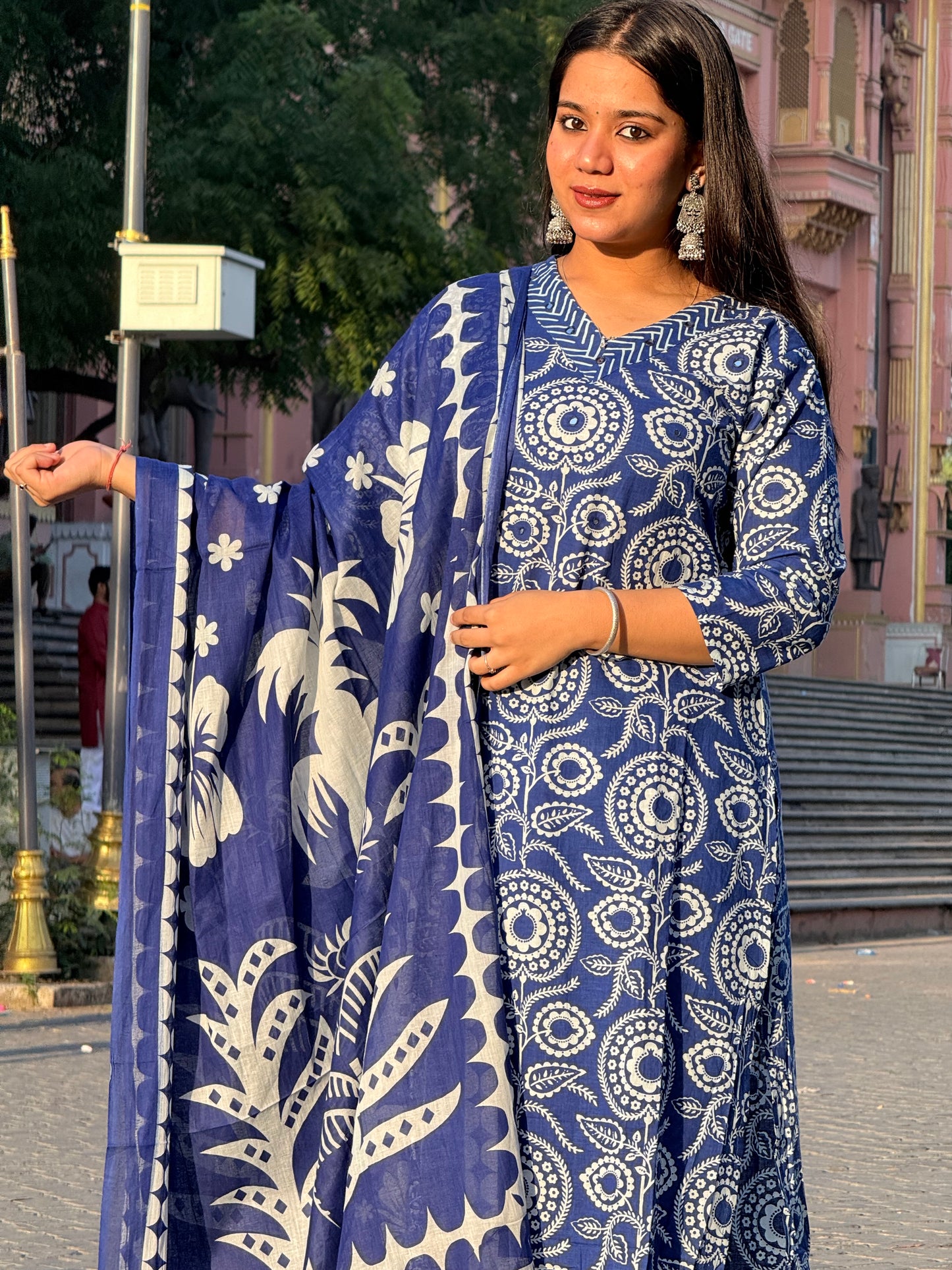 Royal blue A-line printed 3piece kurta set