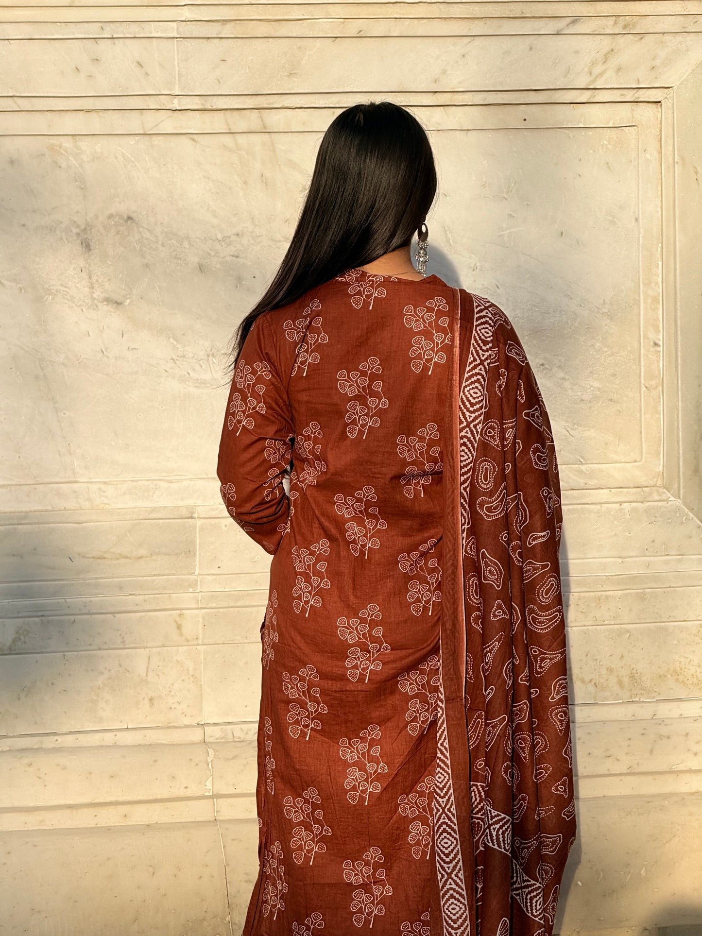 Tan-Brown printed 3 piece kurta set