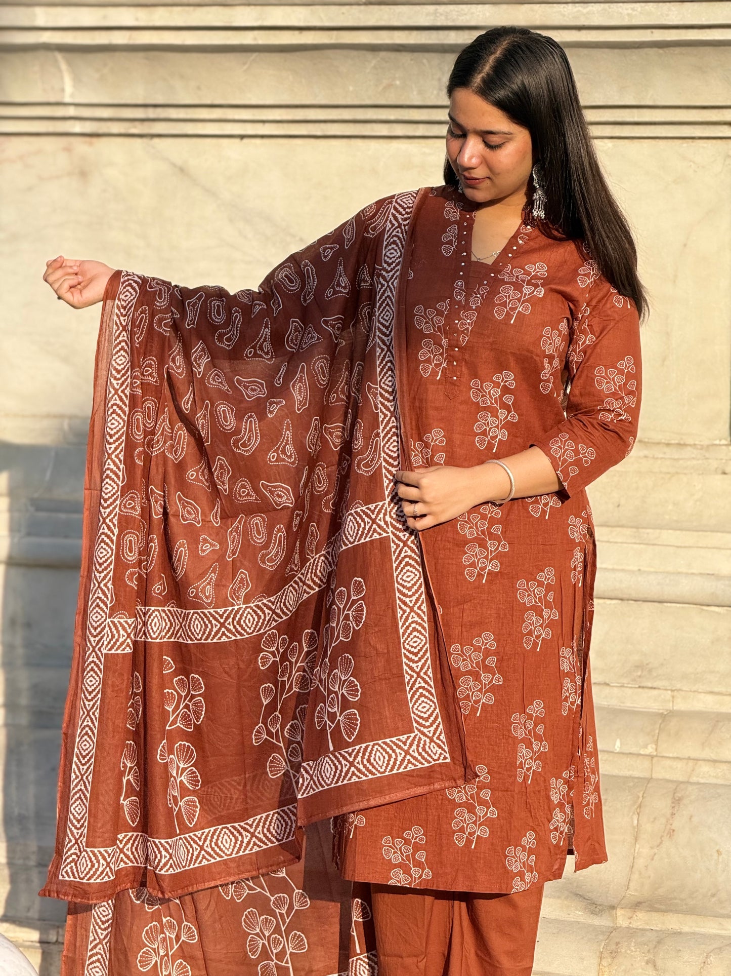 Tan-Brown printed 3 piece kurta set