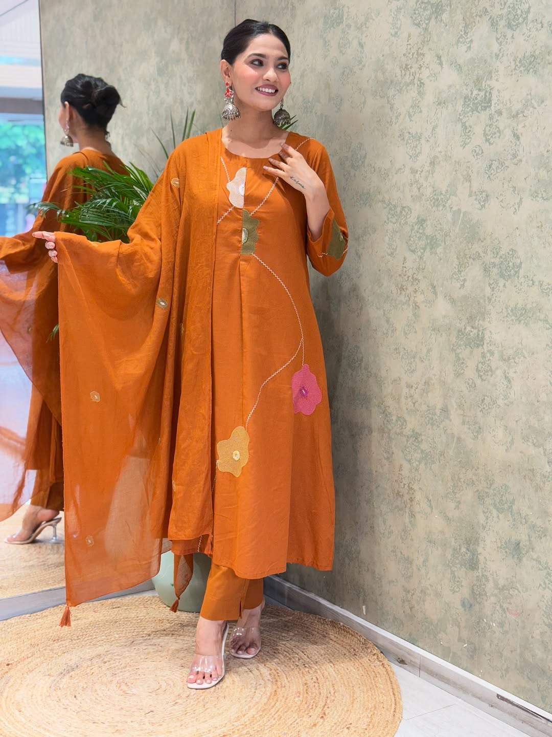 Orange embroidered Anarkali 3pc set