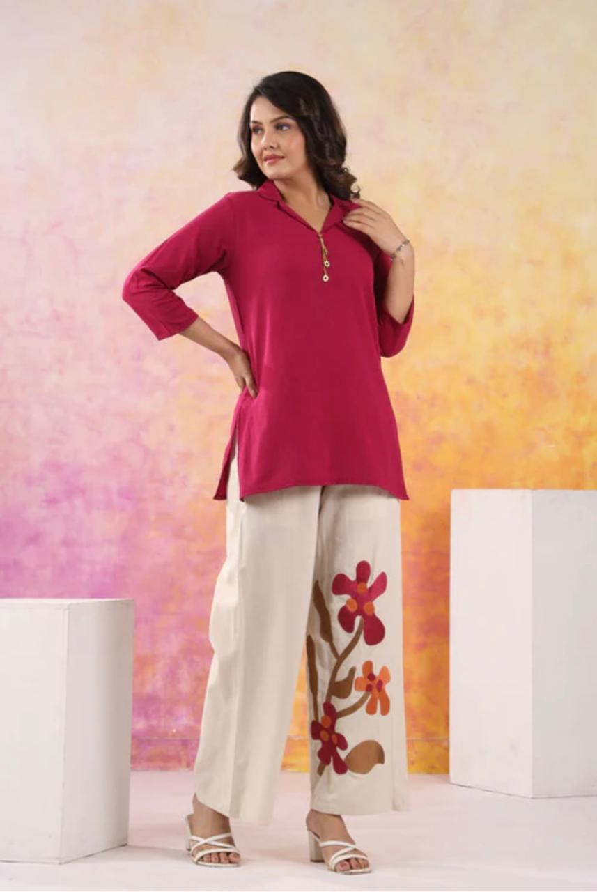 Berry Bloom wine cotton flex embroidered co-ord set ￼