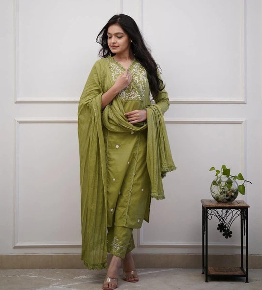 Olive Green Embroidered Kurta Set