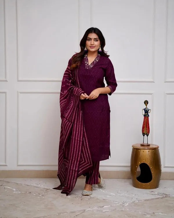 Wine Cotton Kurta With Pant & Dupatta Set