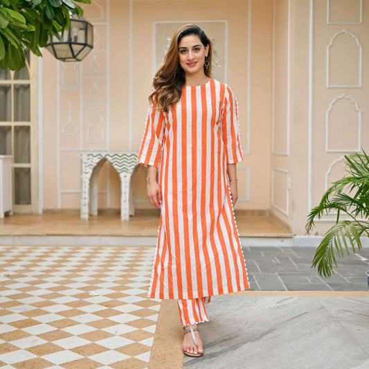 Orange & White Stylish Kurta Pant Set Chic With Stripes