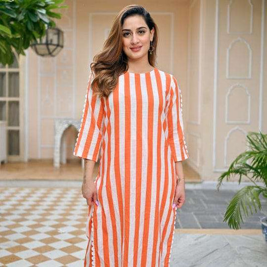 Orange & White Stylish Kurta Pant Set Chic With Stripes
