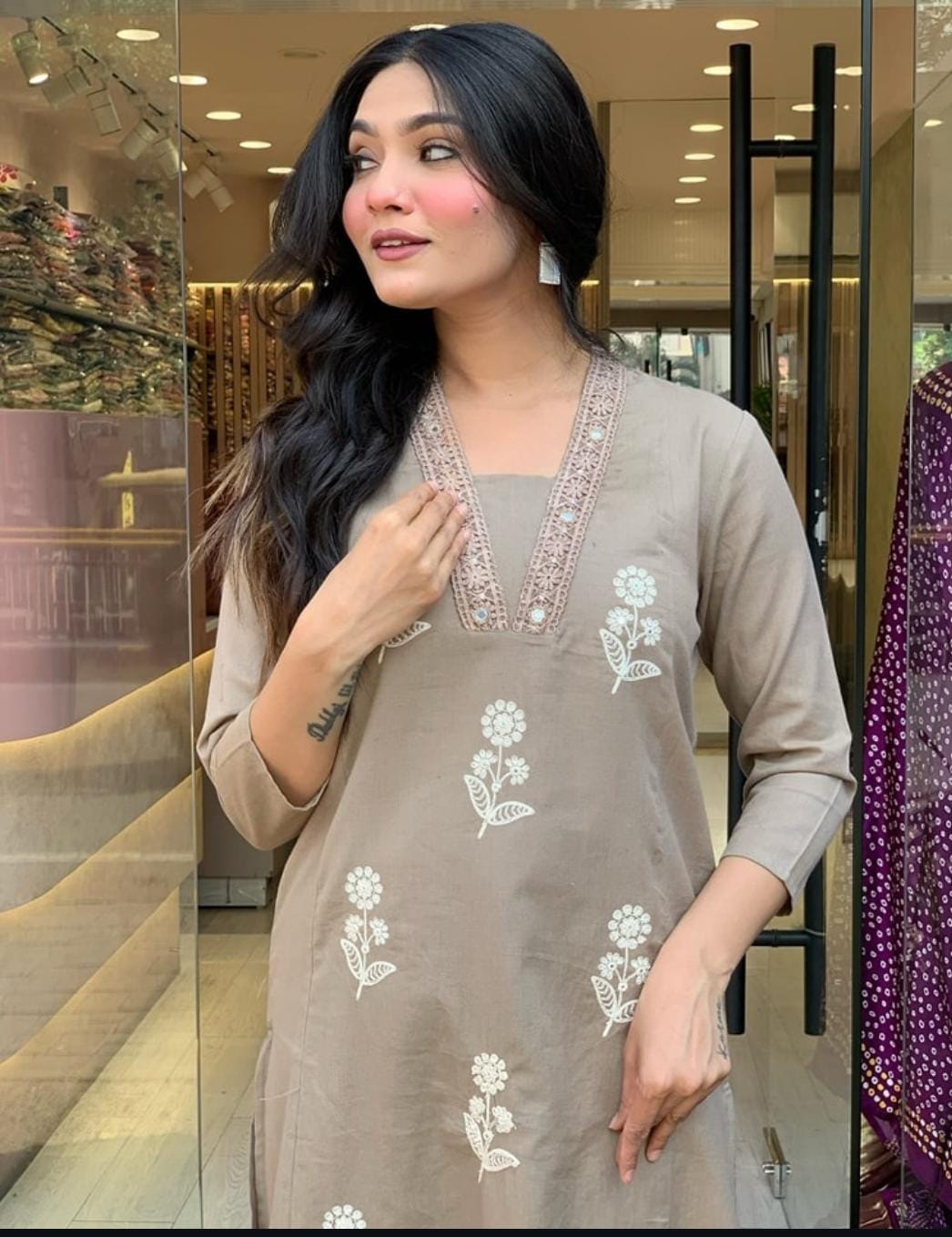 Cotton Beige Discharge Print Kurta 3pc set