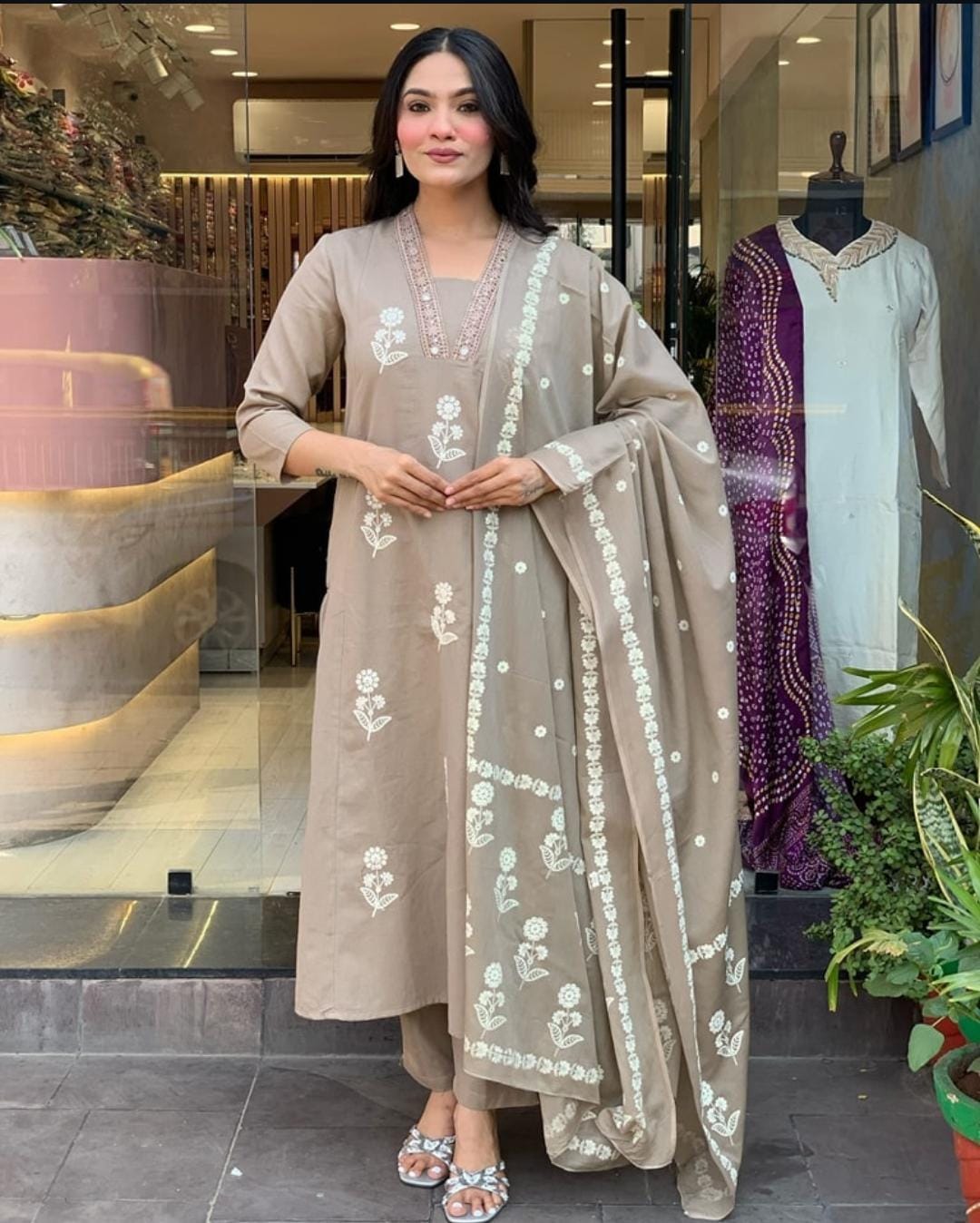 Cotton Beige Discharge Print Kurta 3pc set