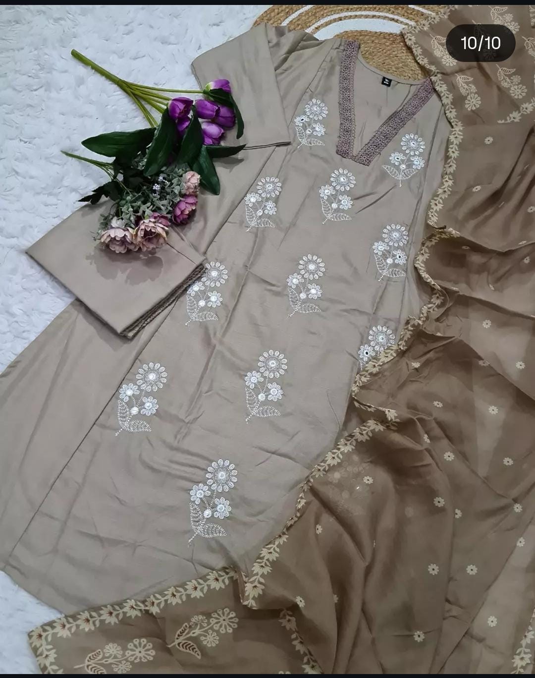 Cotton Beige Discharge Print Kurta 3pc set