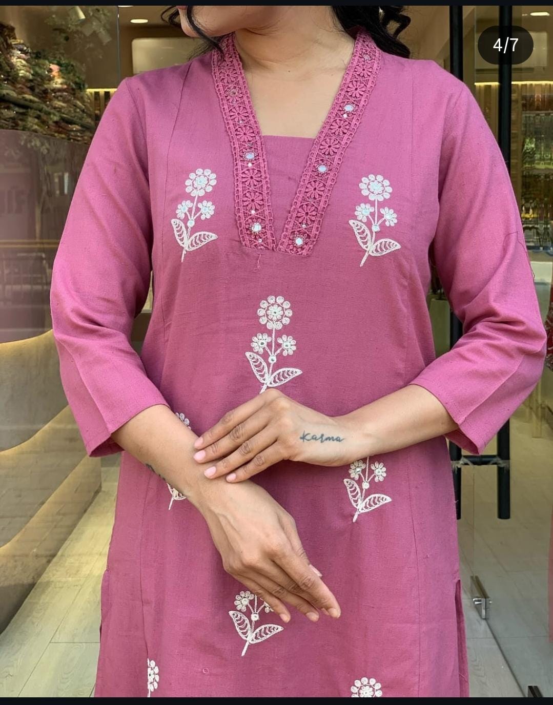 Cotton Pink Discharge Print Kurta 3pc set