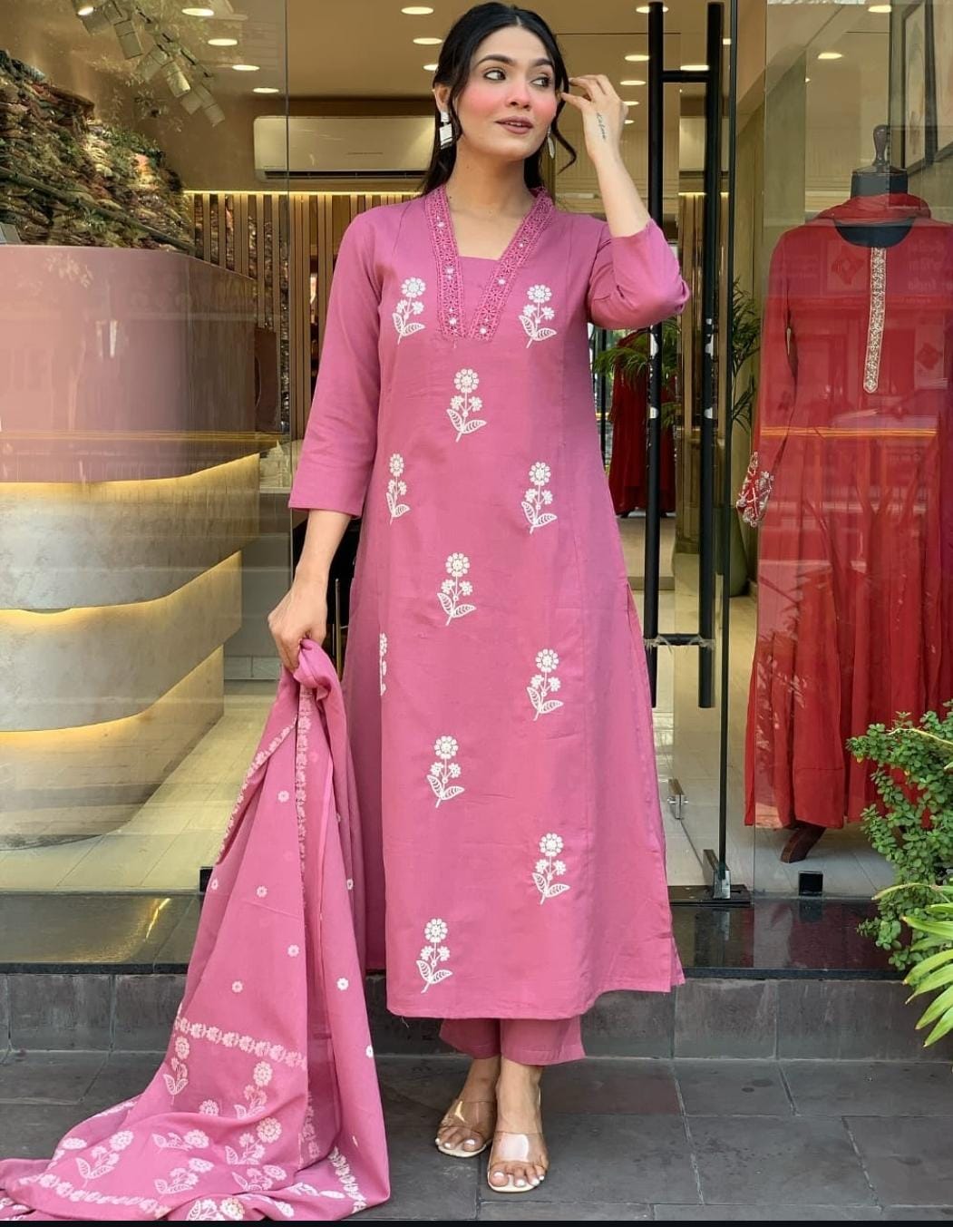 Cotton Pink Discharge Print Kurta 3pc set