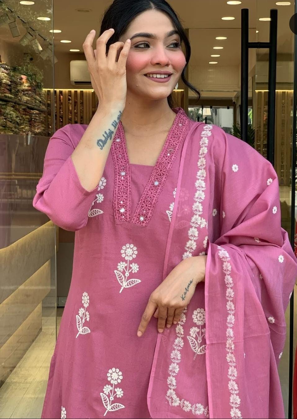 Cotton Pink Discharge Print Kurta 3pc set