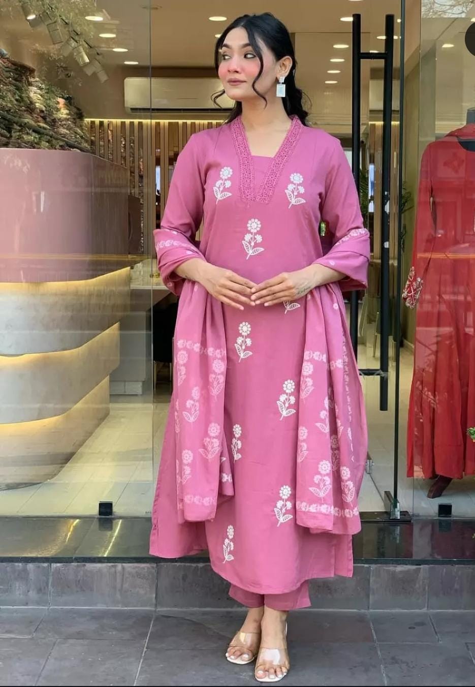 Cotton Pink Discharge Print Kurta 3pc set