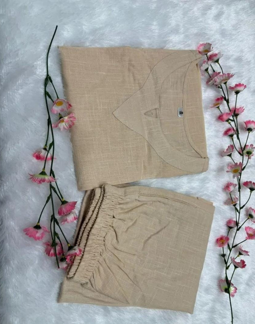 Pure Cotton Round Neck Tunic & Trousers Co-Ord Set- Beige