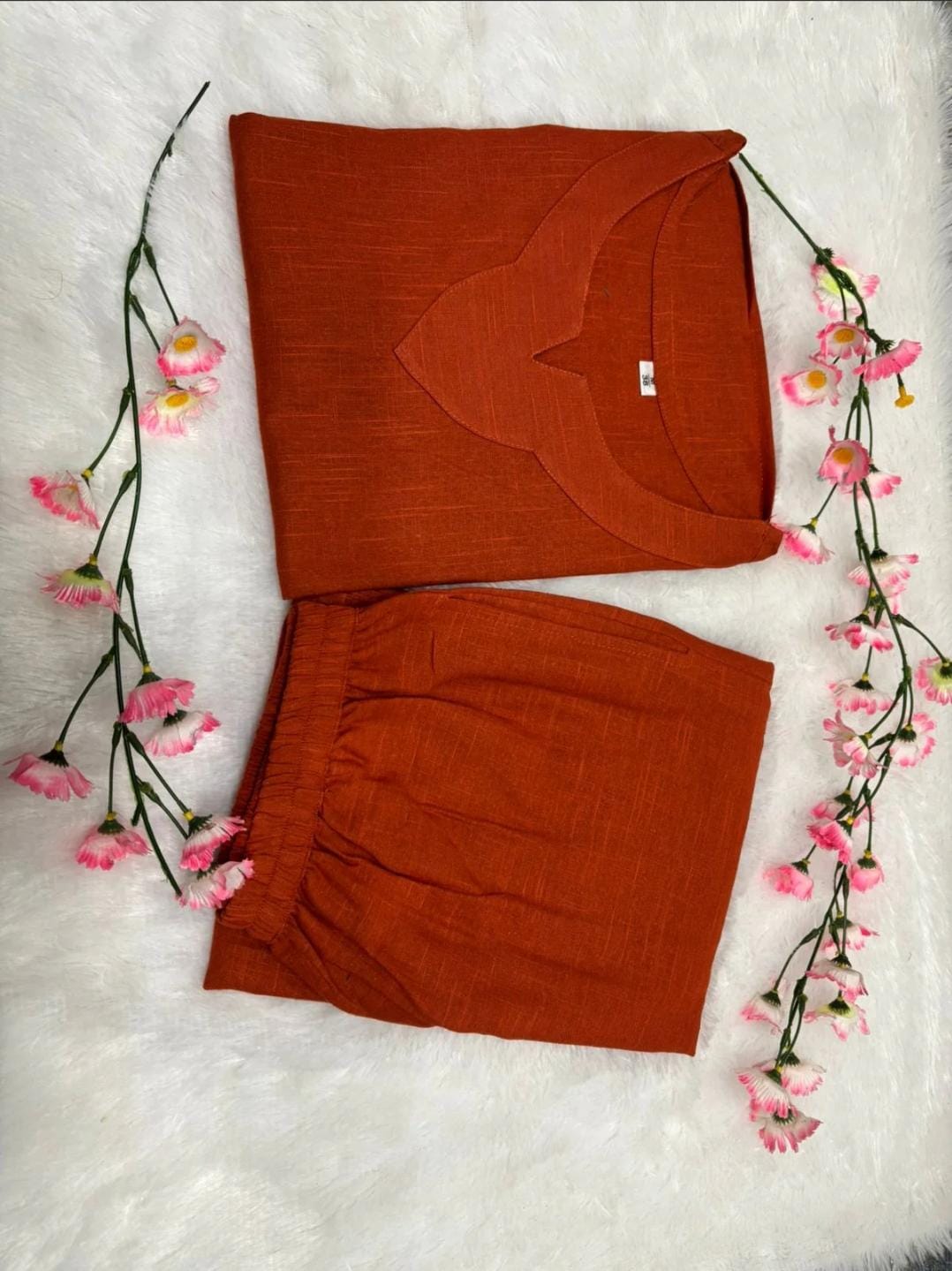 Pure Cotton Round Neck Tunic & Trousers Co-Ord Set- Brown