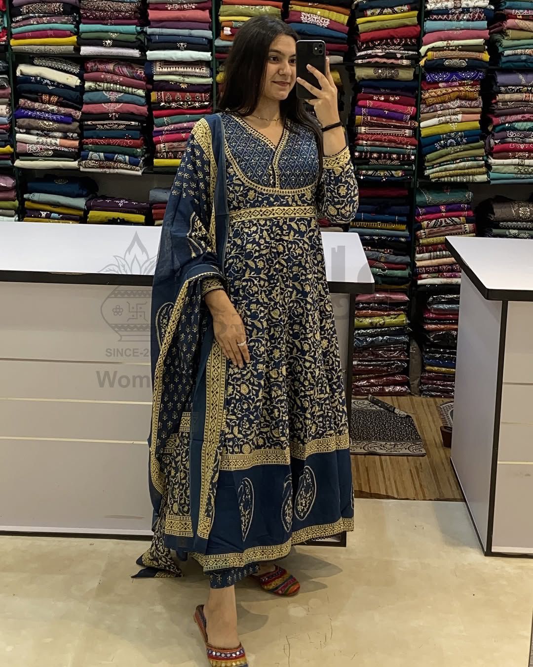 Cotton Blue Anarkali Set With Dupatta