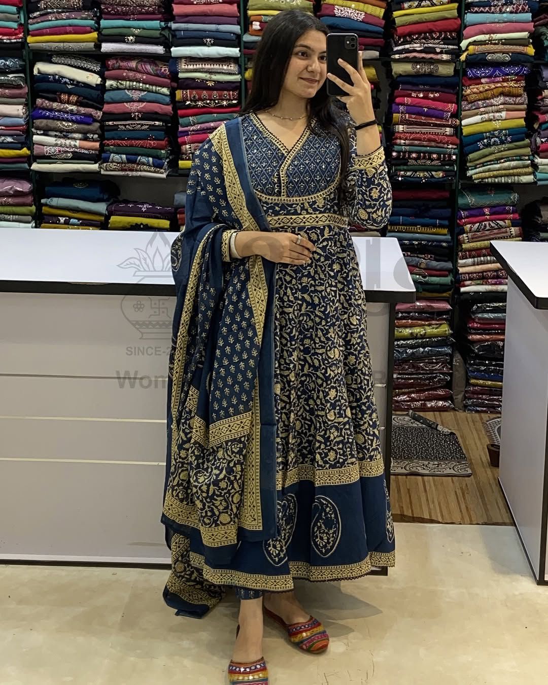Cotton Blue Anarkali Set With Dupatta