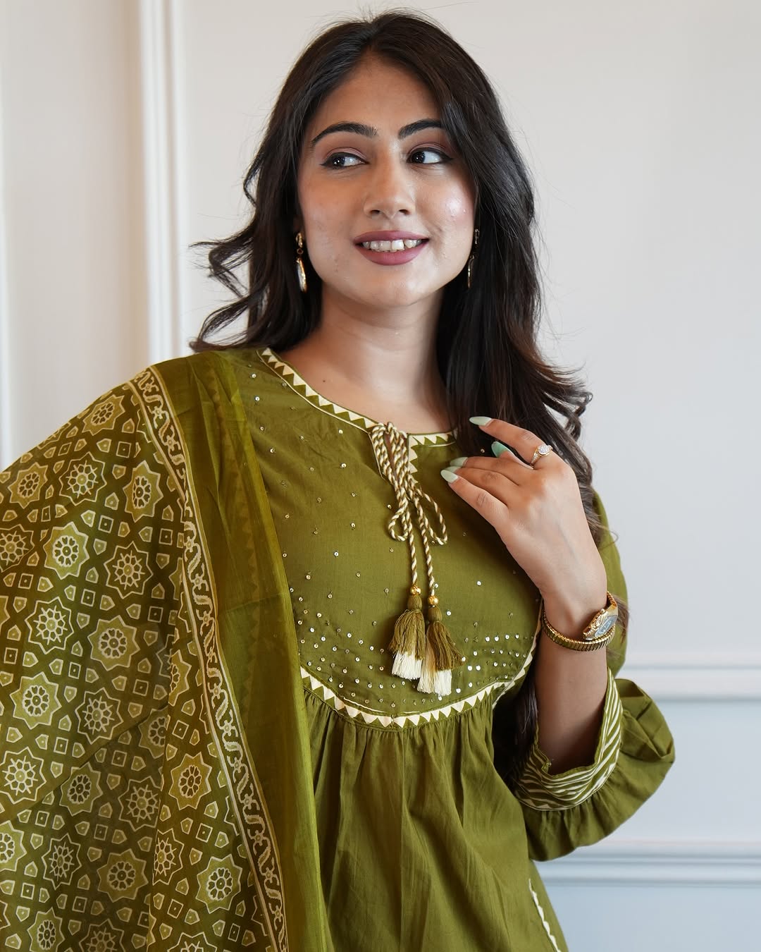 Green  Cotton Aline Kurta Set With Dupatta