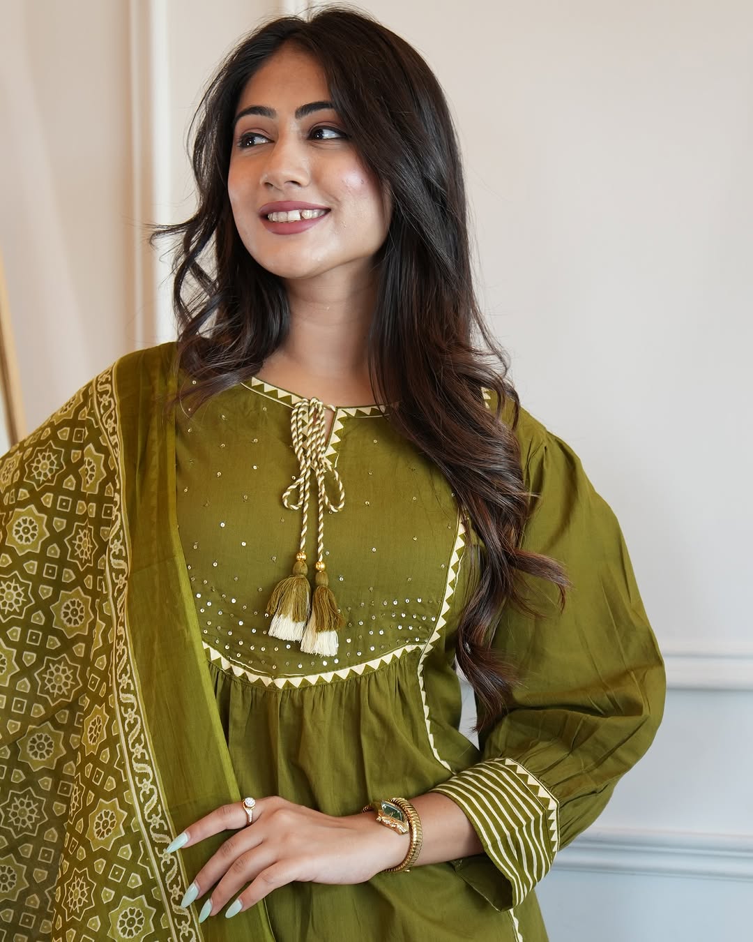 Green  Cotton Aline Kurta Set With Dupatta