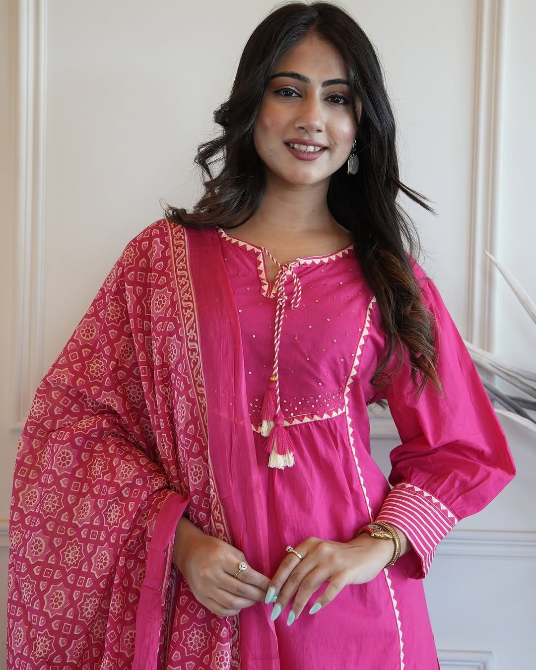 Pink Cotton Aline Kurta Set With Dupatta