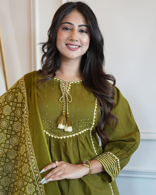 Green  Cotton Aline Kurta Set With Dupatta