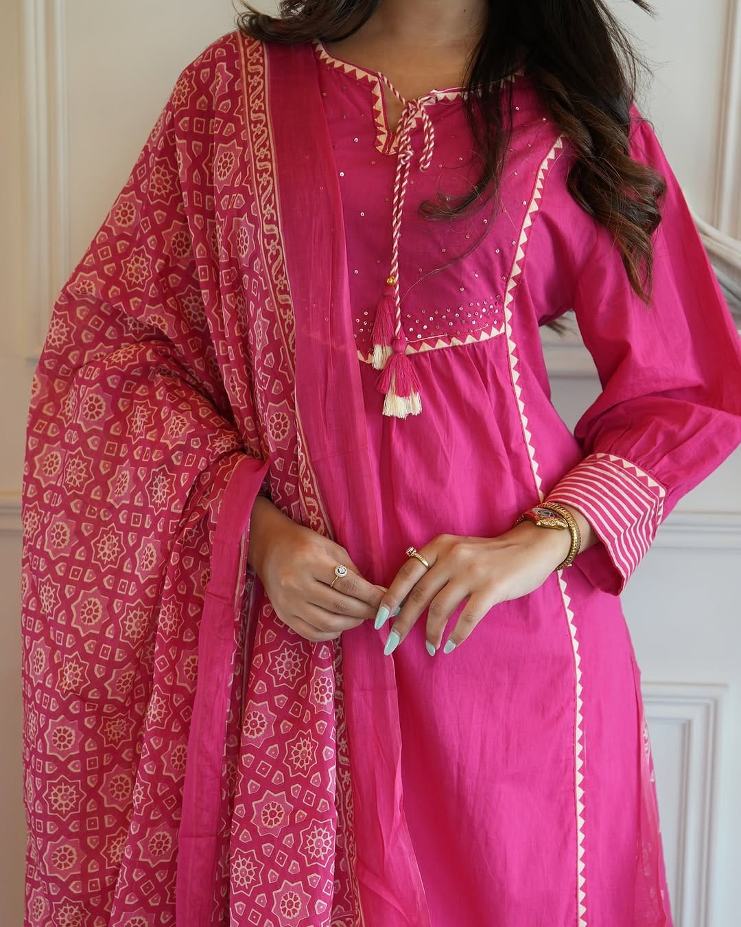 Pink Cotton Aline Kurta Set With Dupatta