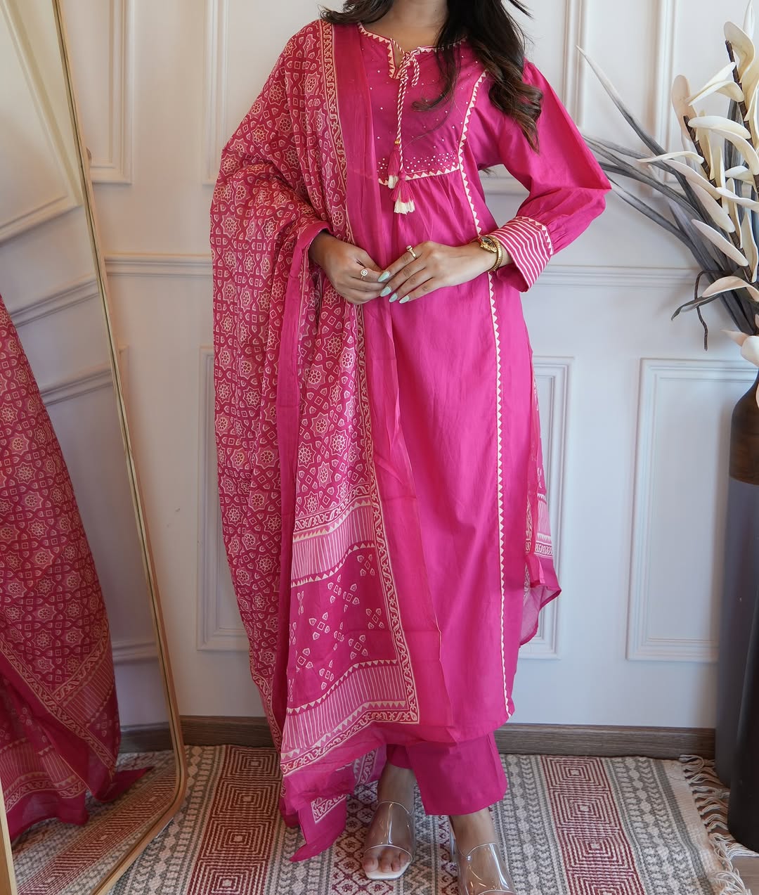Pink Cotton Aline Kurta Set With Dupatta