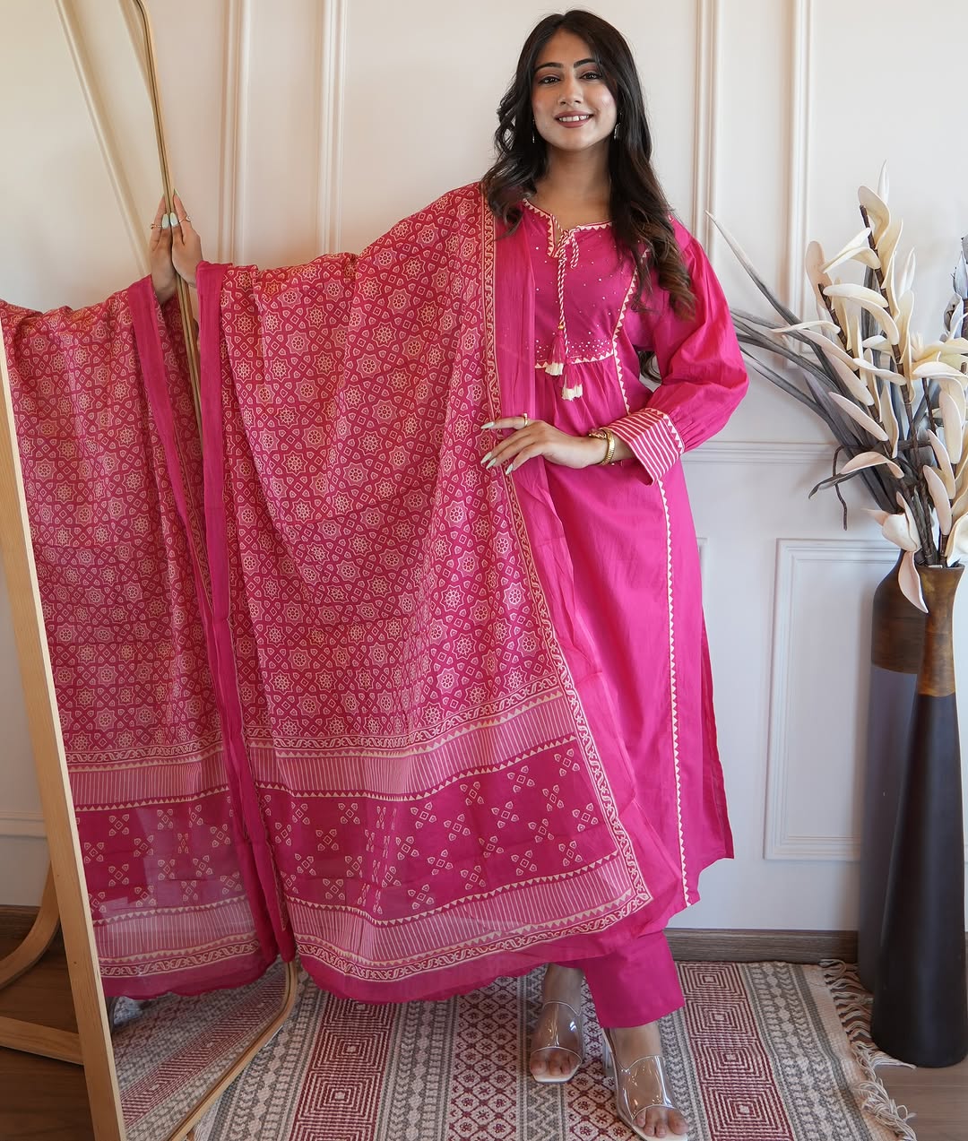 Pink Cotton Aline Kurta Set With Dupatta