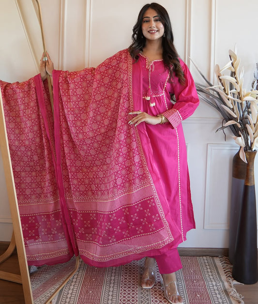 Pink Cotton Aline Kurta Set With Dupatta