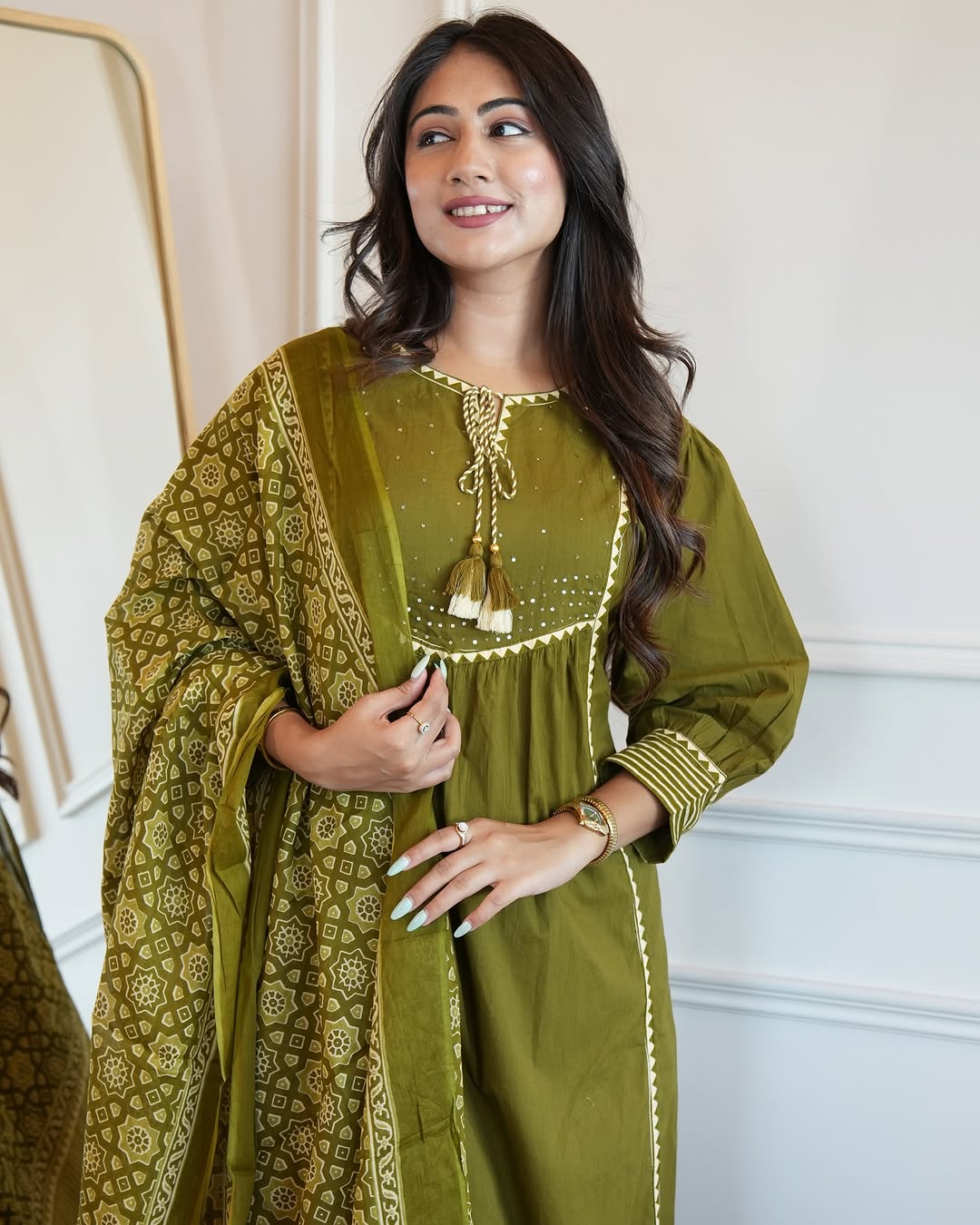 Green  Cotton Aline Kurta Set With Dupatta