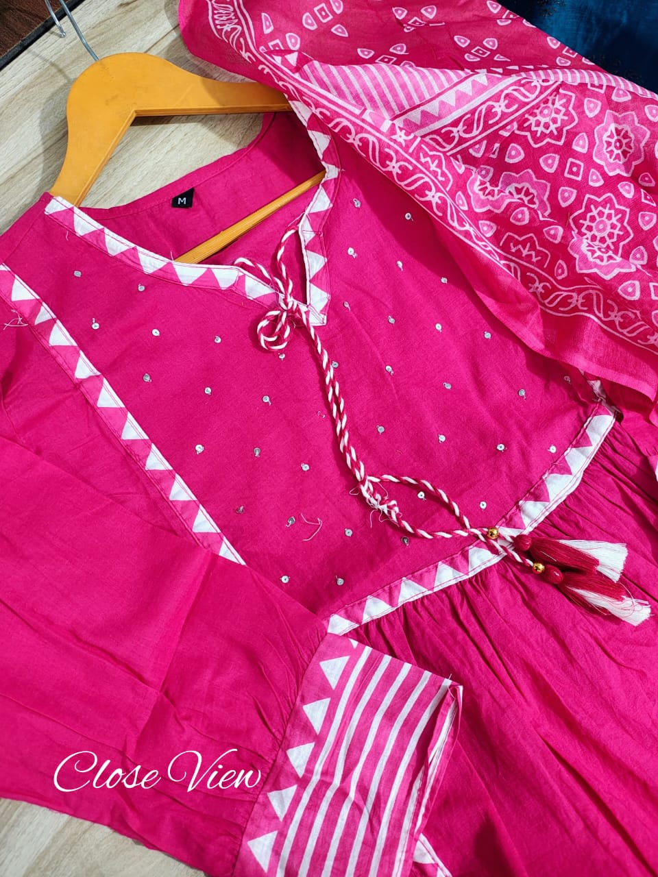 Pink Cotton Aline Kurta Set With Dupatta