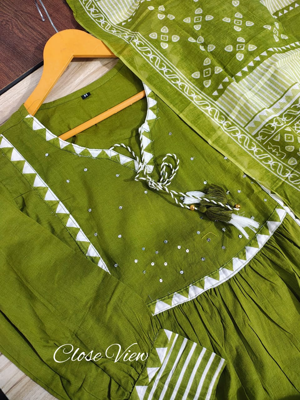 Green  Cotton Aline Kurta Set With Dupatta