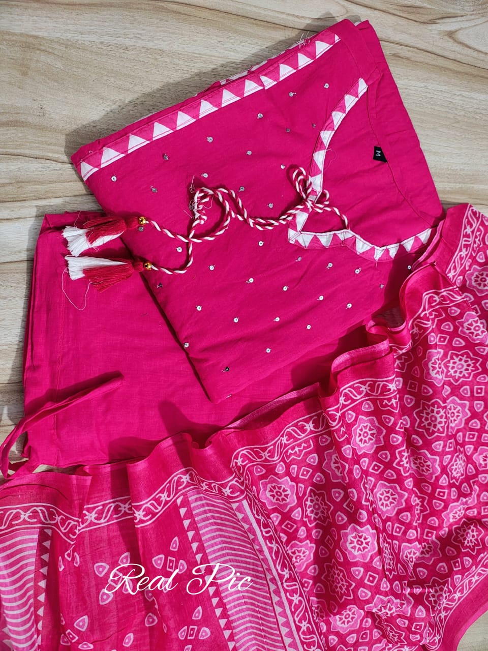 Pink Cotton Aline Kurta Set With Dupatta