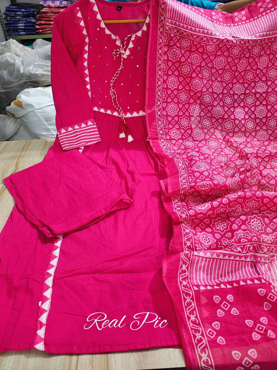 Pink Cotton Aline Kurta Set With Dupatta