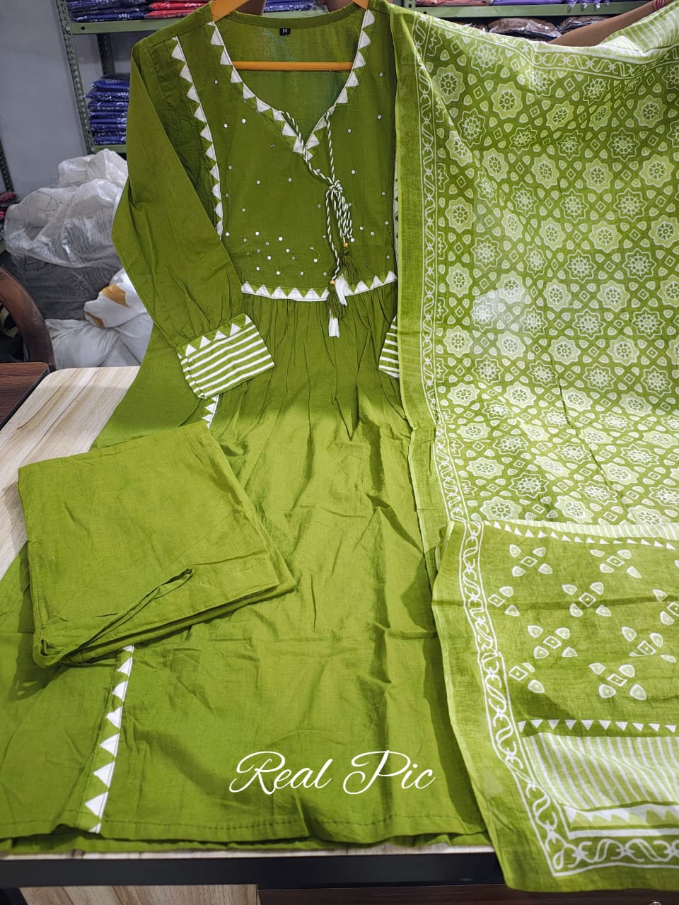 Green  Cotton Aline Kurta Set With Dupatta