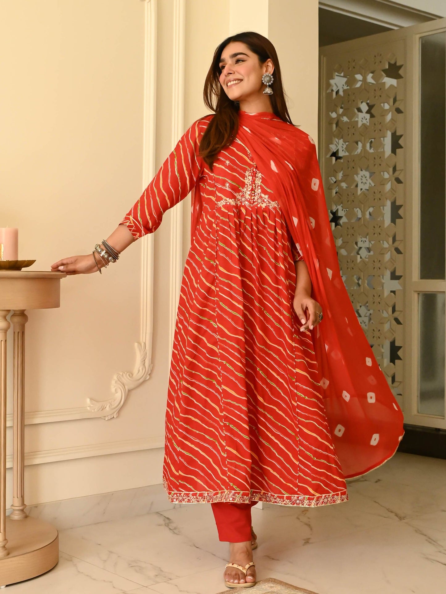 Leheriya Orange Cotton 3pc kurta set